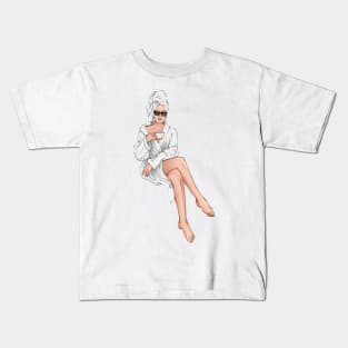 Beauty Woman with Coffee in White Robe Kids T-Shirt